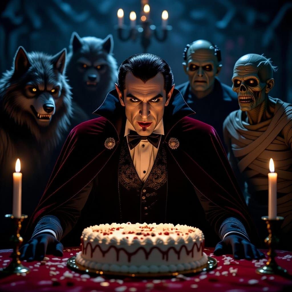 A photorealistic picture
Dracula blowing the candles on a birthday cake. The candles are shaped like the numbers "5" "9" and "4".
Behind Cra...