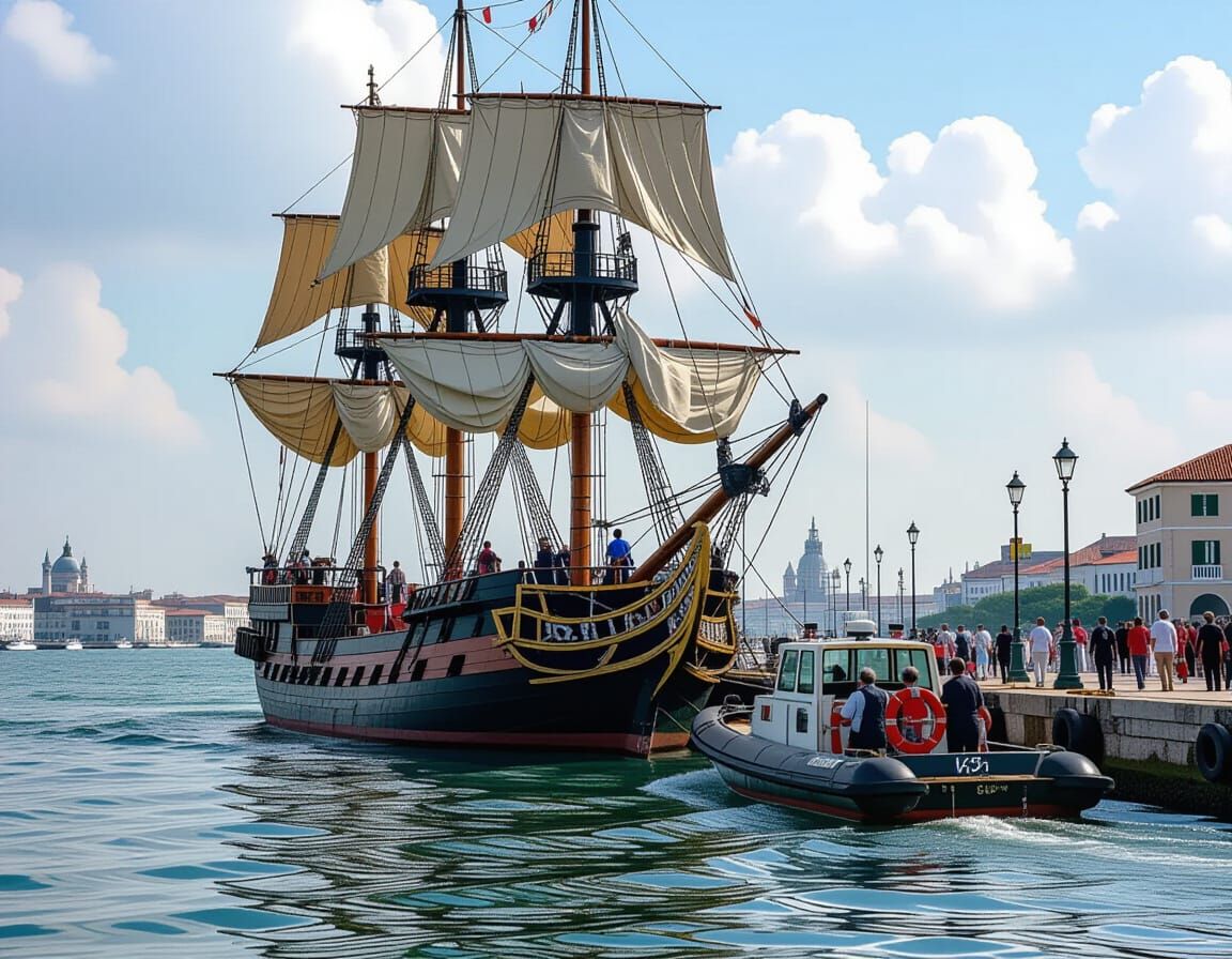 a large three-decked sailing warship in the port is being pushed by a modern tugboat, and the sailors on the decks are dressed in different ...