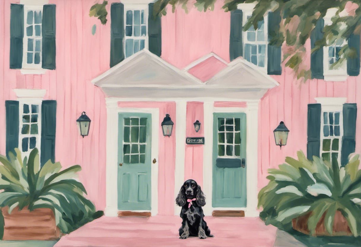 Boykin Cocker Spaniel wearing a bow collar in front of Pink Charelston