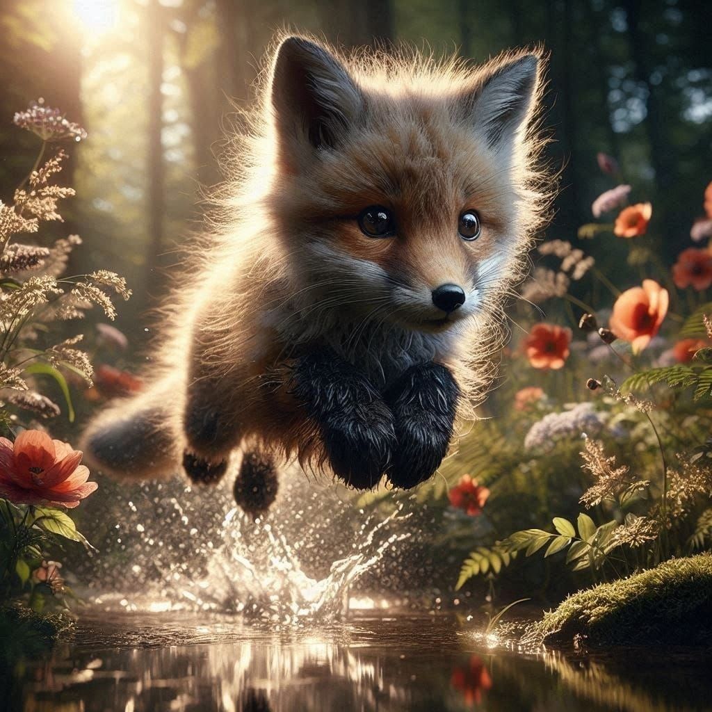 Extremely detailed cinematic film still photography of centered close up portrait of a realistic fluffy fox cub jumping splashing in a puddl...