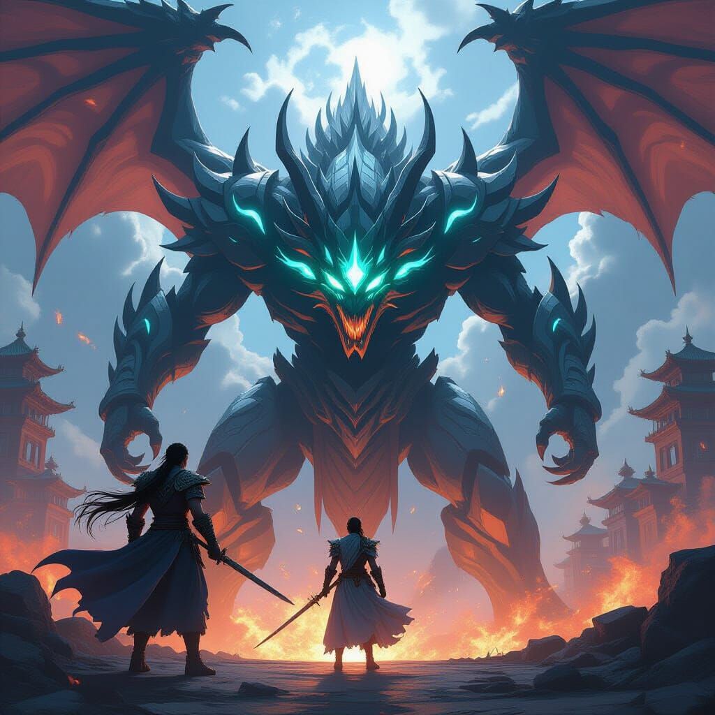 A stoic ancient civilization warrior, adorned with glowing tribal markings, summons a massive spirit dragon to f...