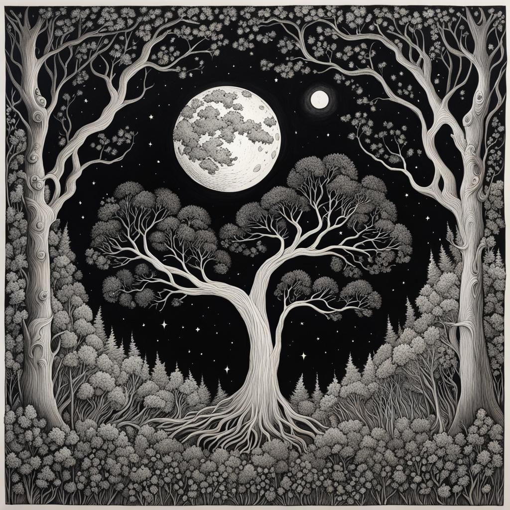 Insanely detailed black and white ink drawing of the moon in the starry ...