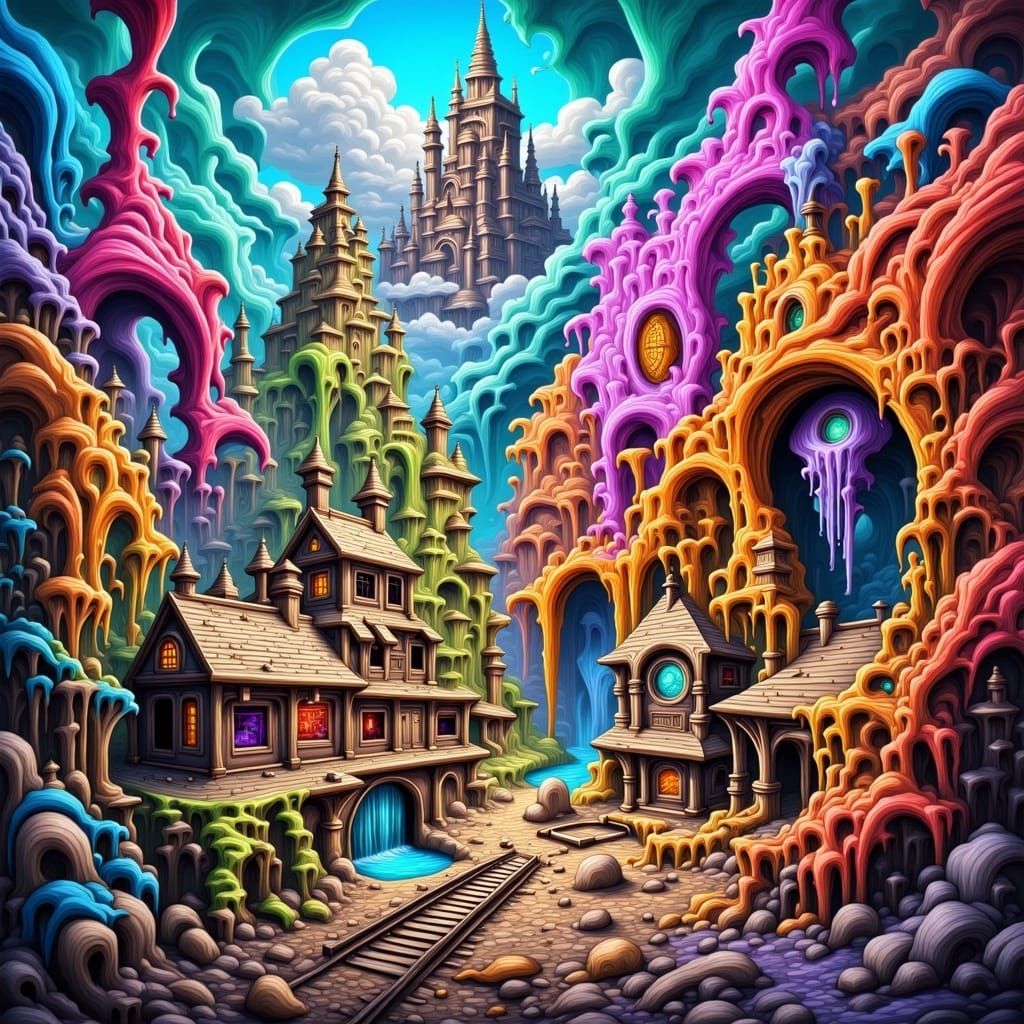 Train station in front of a castle in a trippy colorful world. <lora:incredible color:1.0> 