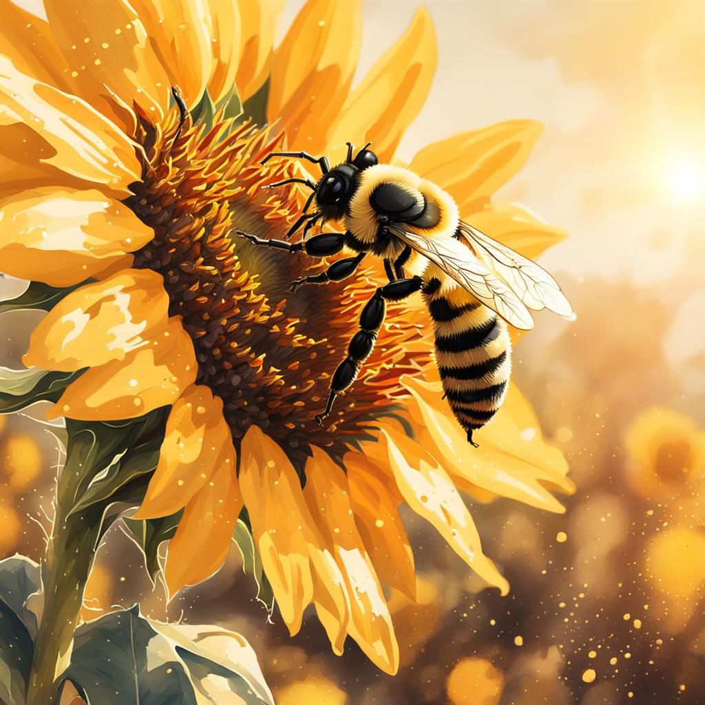 Minimalistic watercolor painting of closeup bee landing on a Yellow sunflower in warm sunlight. Splashes ...  by @Ellaowl