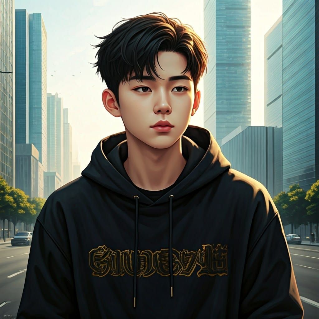 Korean Boy Portrait in Urban Cityscape, Detailed Matte Paint...