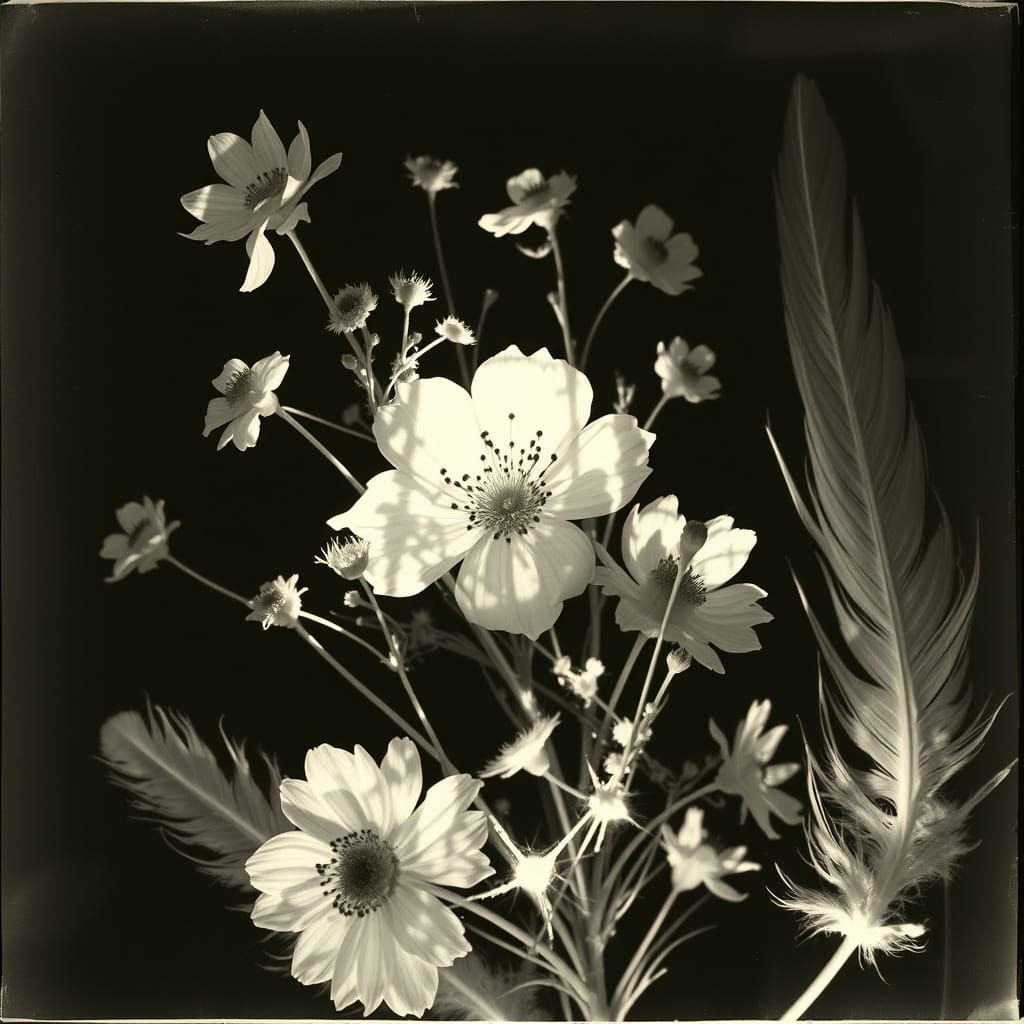Create a Black and white photogram, a primitive photography technique that involves direct exposure ...  by @DJ Paint
