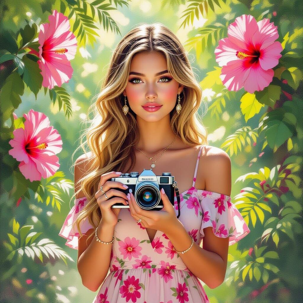 Woman in Garden with Vintage Camera, Impressionist Oil Paint...