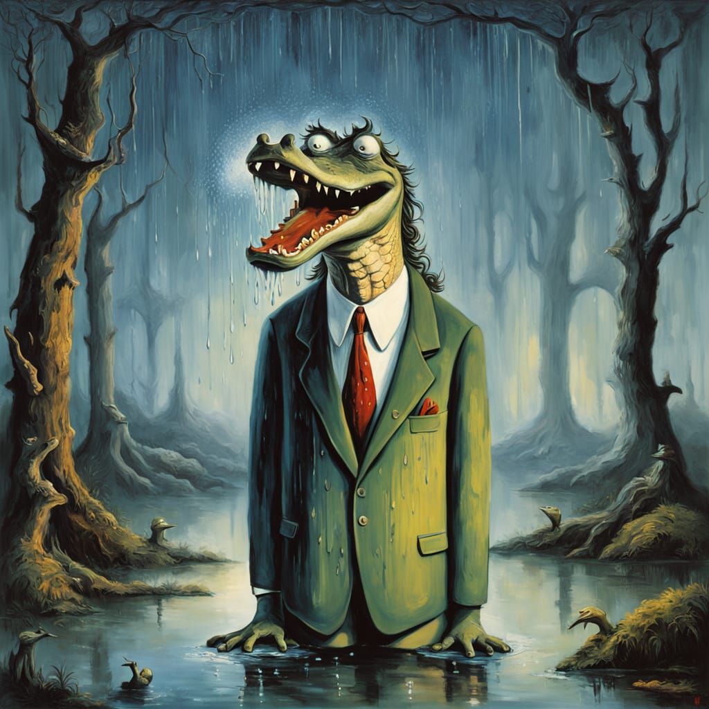  Surrealism. Medium Shot. An anthropomorphic crocodile dressed as an normality inc. agent cries in a strange rainy forest at night. Medium S...