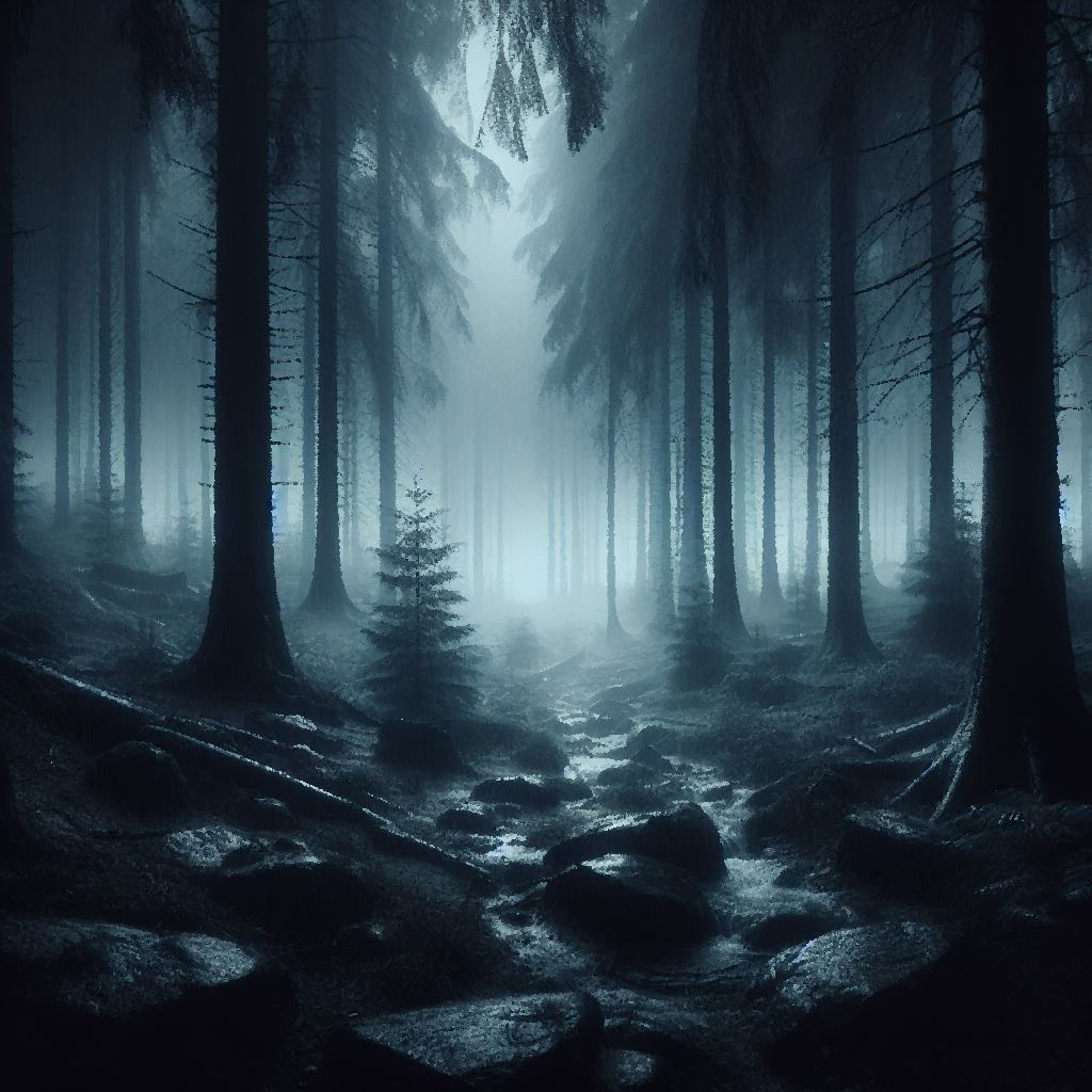 A dark, cold and rainy night with mist on the ground, featuring Paraná pines