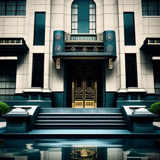 Photograph of the front door of an art deco style building with teal stairs