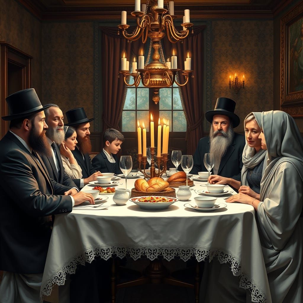 Shabbat Meal with Haredi Family in Oil Painting Style