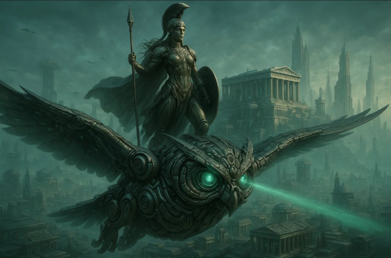 Cyborg Athena patrol on Bio-Mechanical Owl