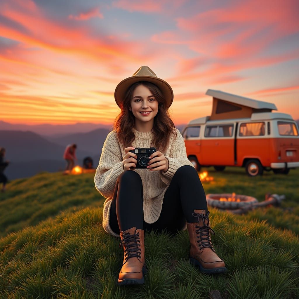 Whimsical Sunset Landscape with Girl and Friends