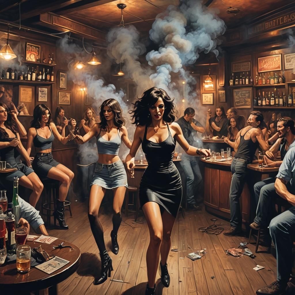 bar room full of smoke with musians onstage playing and hot girls dancing -  AI Generated Artwork - NightCafe Creator