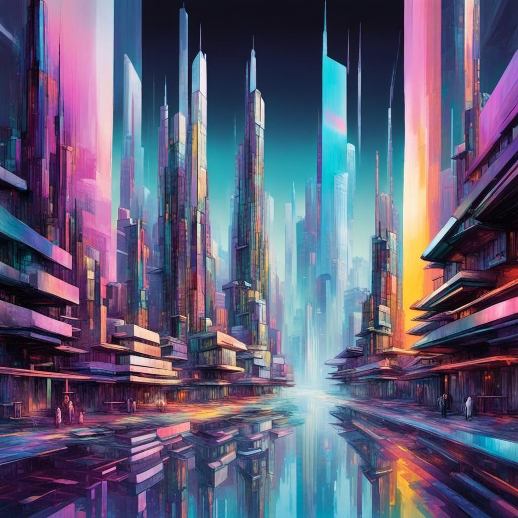 Glitch Art: 3D Holographic Cityscape in Surreal Style