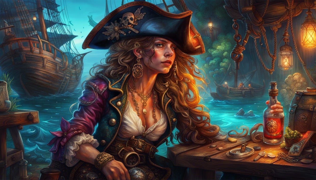 full body Insanely detailed Cinematic Whimsical female pirate, pirate key visuals, relaxing, drinking, ...  by @earlstringerjr