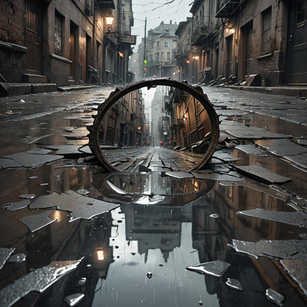 "A broken mirror discarded in a narrow alleyway, rain falling gently on