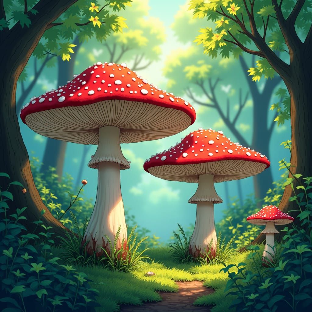 An anime style forest with 2 fly agaric mushrooms in anime s...