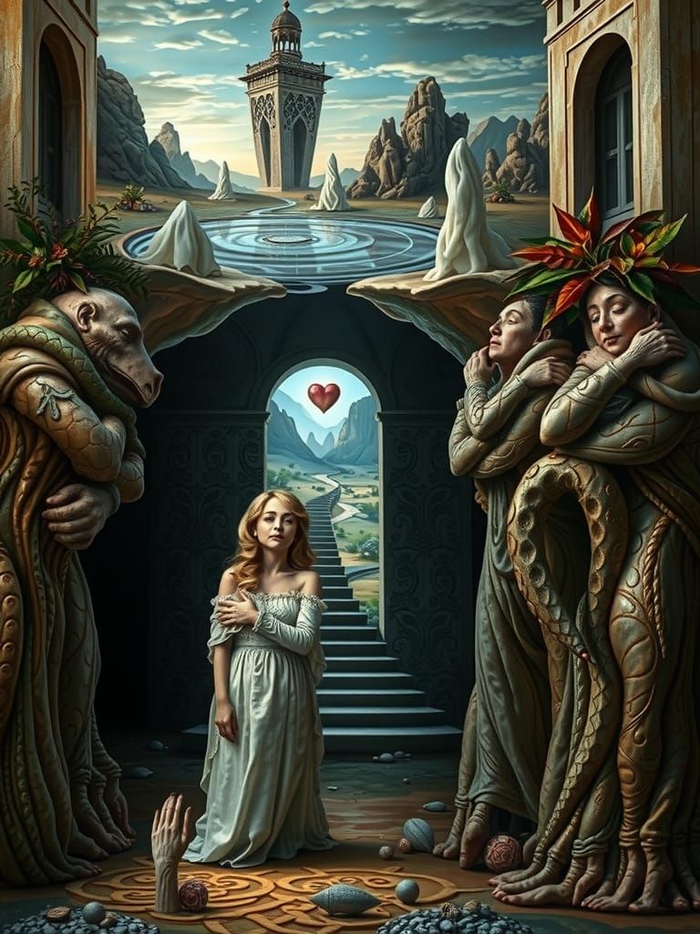 Surrealism masterpiece of a vibrant, abstract landscape with sweet maiden and bad demons