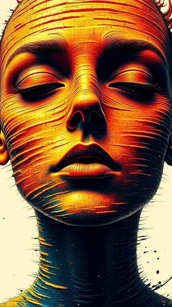 <lora:DistortedImagination:1.0> Grunge face made from jagged strips alternating colours like a vector art sunset 