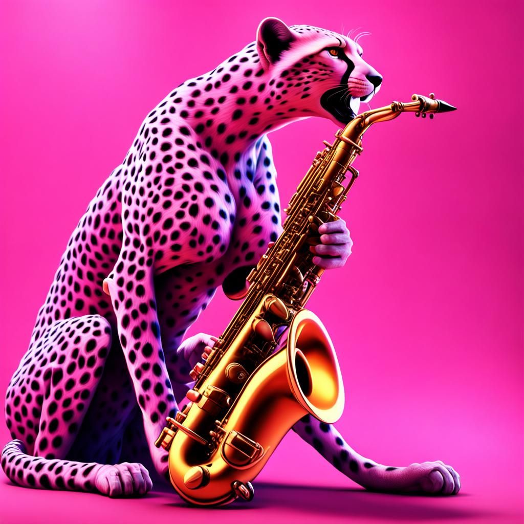 Pink Cheetah with Saxophone: Detailed Matte Painting