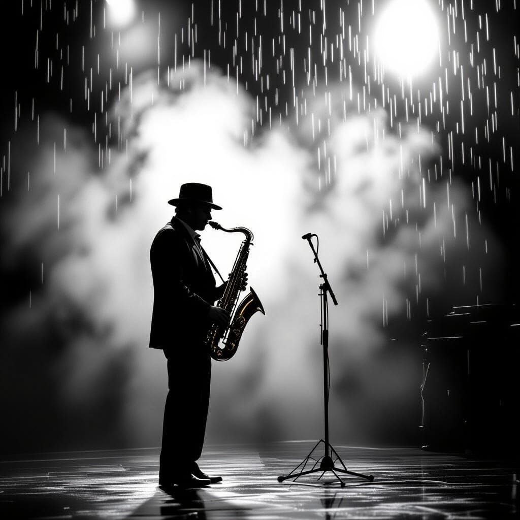 Film Noir Saxophonist in Rain, Black and White
