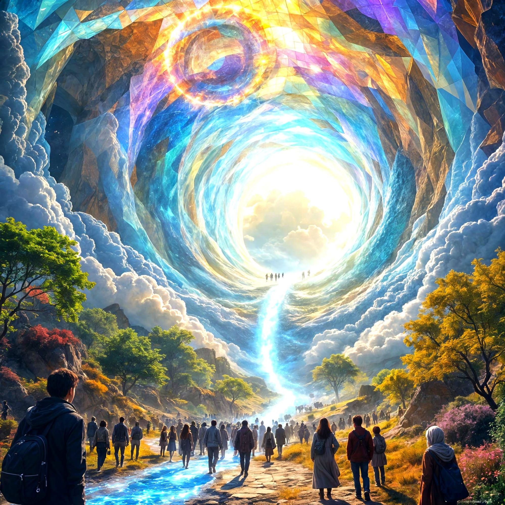 Path leads in to portal descending from heaven