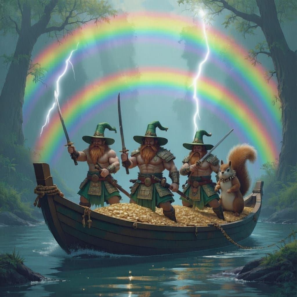 Squad of militant leprechauns on the other side of  a double rainbow with a boatload of gold. Make them leprechauns really muscular while to...