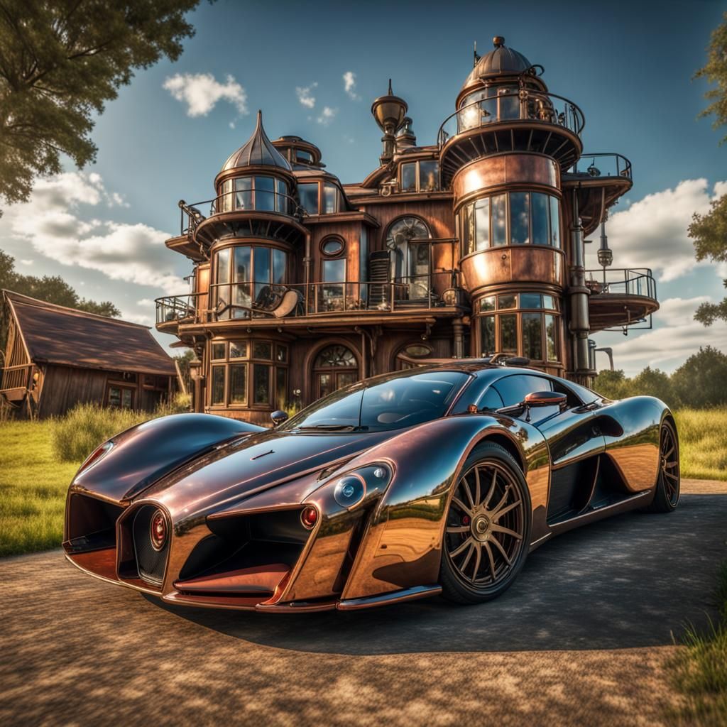 Steampunk supercar parked in front of a steampunk abstract h...