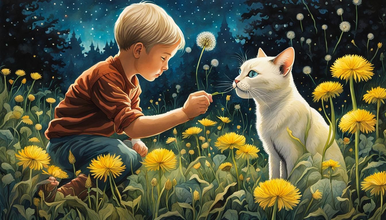 "cream  cat sniffing hand of small boy...