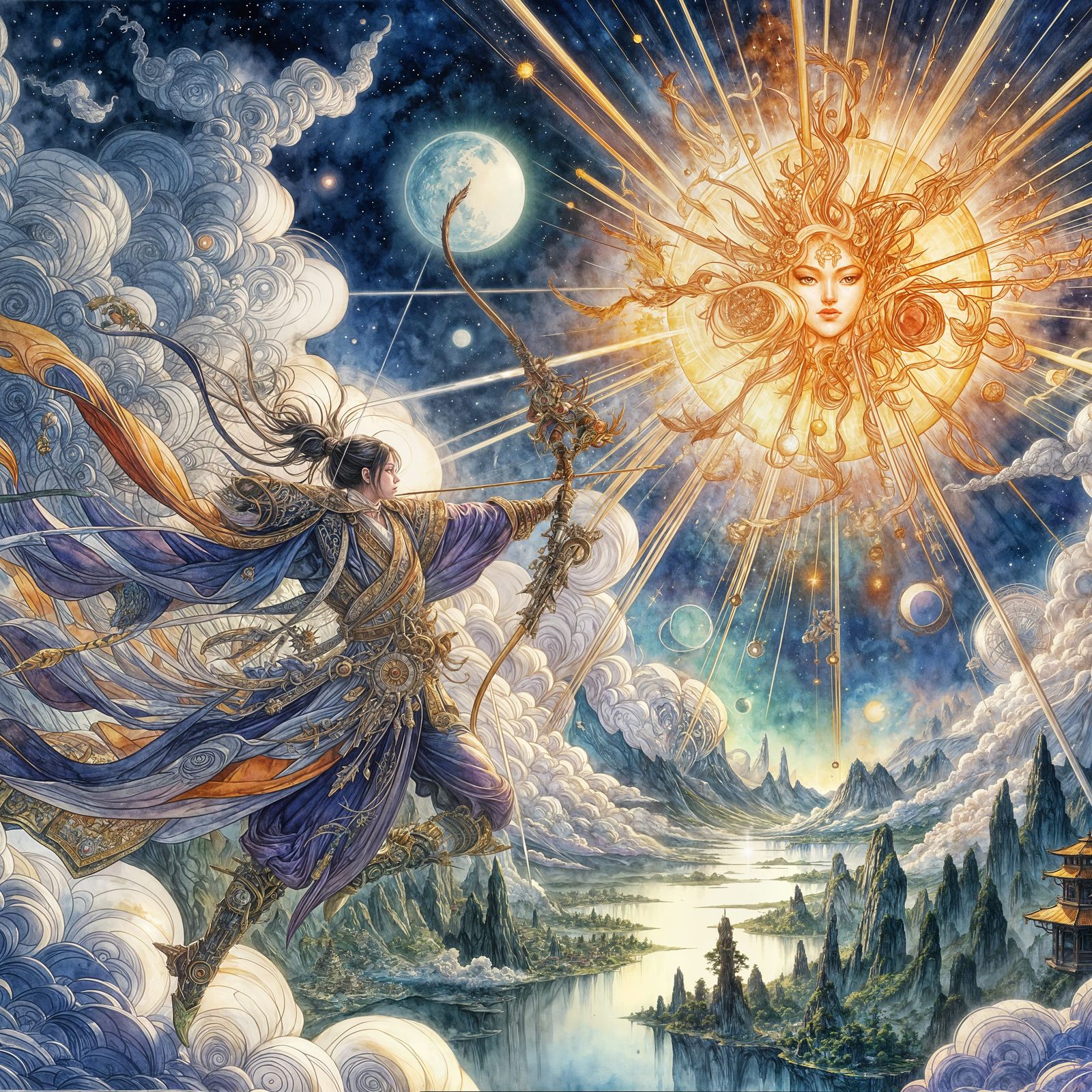 A watercolor painting of HouYi shoots down the suns