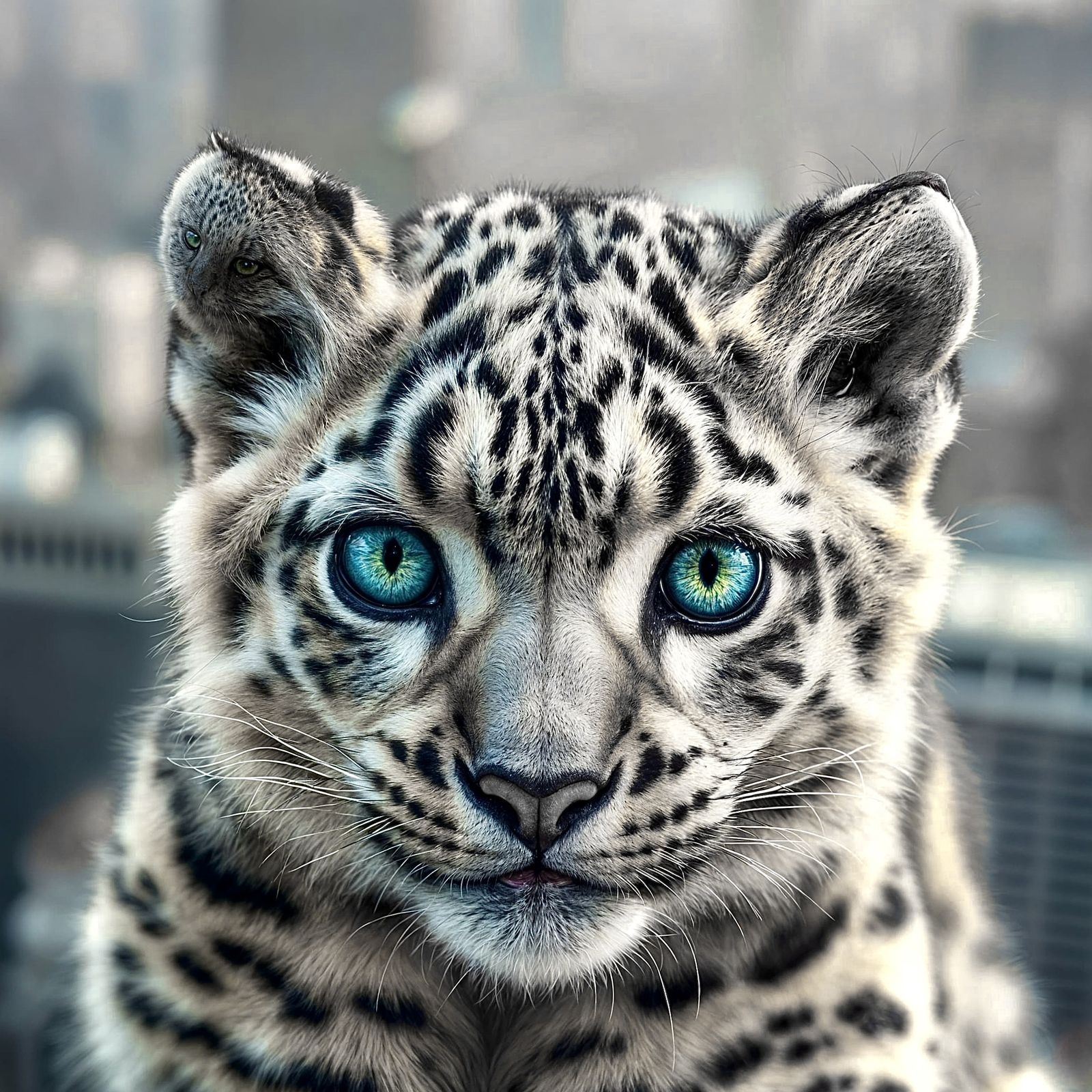 Snow leopard perched on top of a city skyscraper