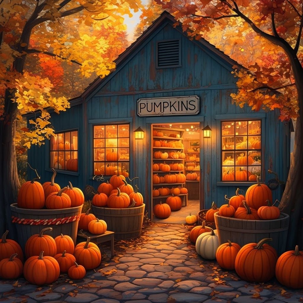 Charming Pumpkin Shop in Picturesque Autumn Landscape