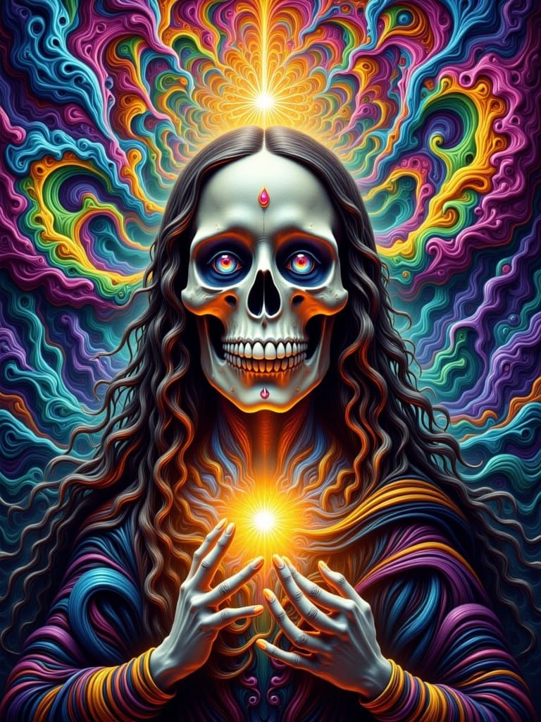 Psychedelic Mona Lisa Skull with Glowing Joint