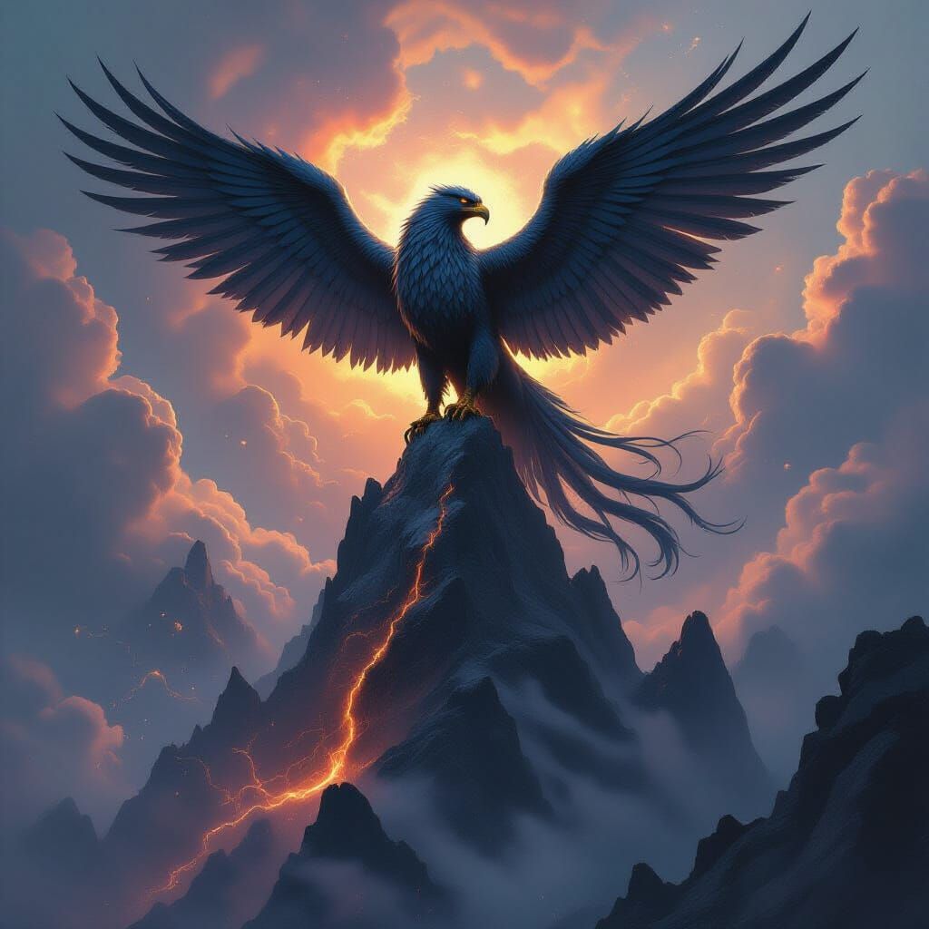 A colossal griffin, feathers like obsidian shards, perched atop a jagged, storm-wracked peak. Below, a swirling nebula of raw cosmic energy ...