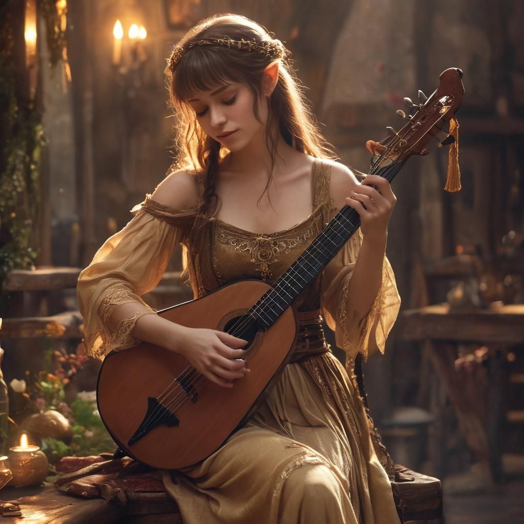 DnD-style fantasy: A beautiful, tanned half-elf bard sings joyfully on a tavern stage, playing a magical lute. She has light blonde hair in...
