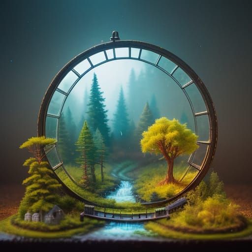 a tiny train goes around on the train tracks, ...