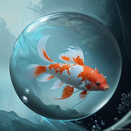 A koi fish swimming in a bubble