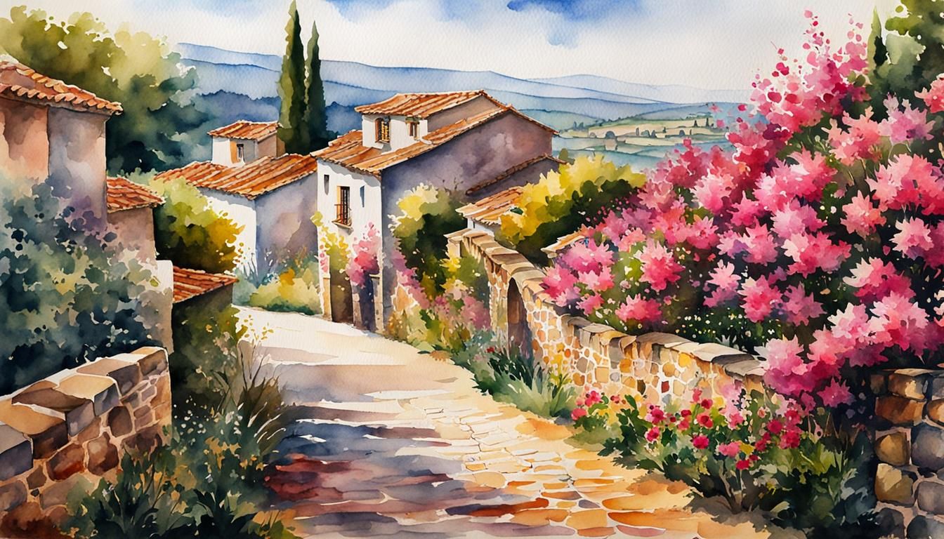 Watercolor painting of Spanish village stone fences overview