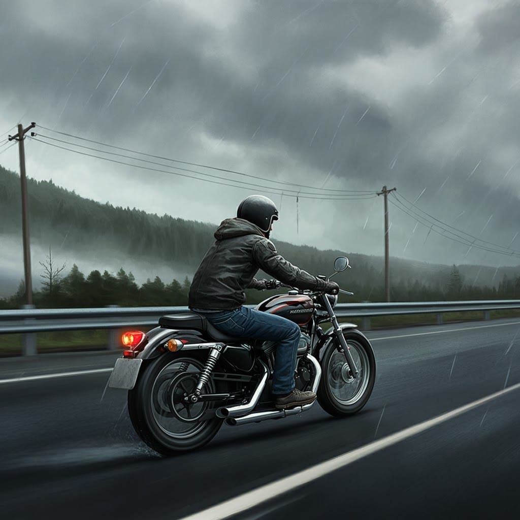 scene of a man riding a motorcycle on a road, painting, gloomy, wlop painting style, stormy weather, high detail, cgsociety 9, realistic st...