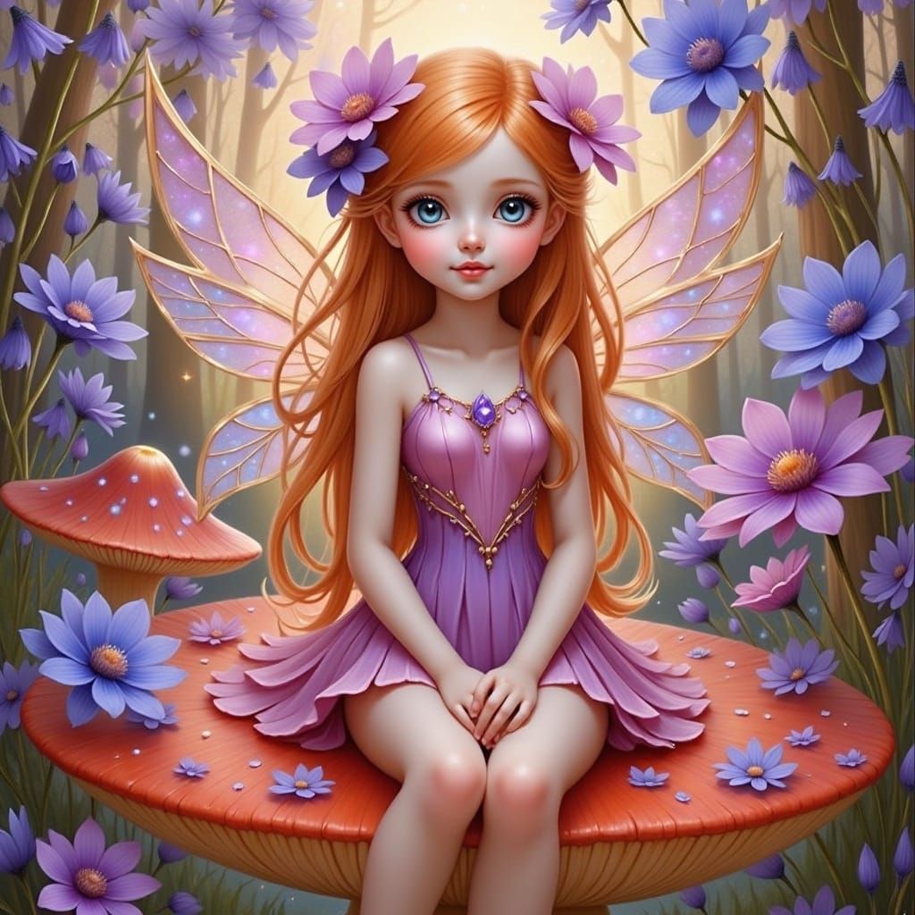 <lora:ANTONIA FLUX:1.0> a big eyed cute teenage fairy looking realistic, ginger hair, translucent wings, sitting on a red mushroom with whit...