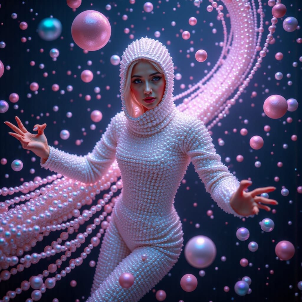 <lora:PearlMax-Kooky:1.0> Superhero floating in a cosmic pearl storm, pearls orbiting like planets in chaotic galaxies, glowing ribbons conn...