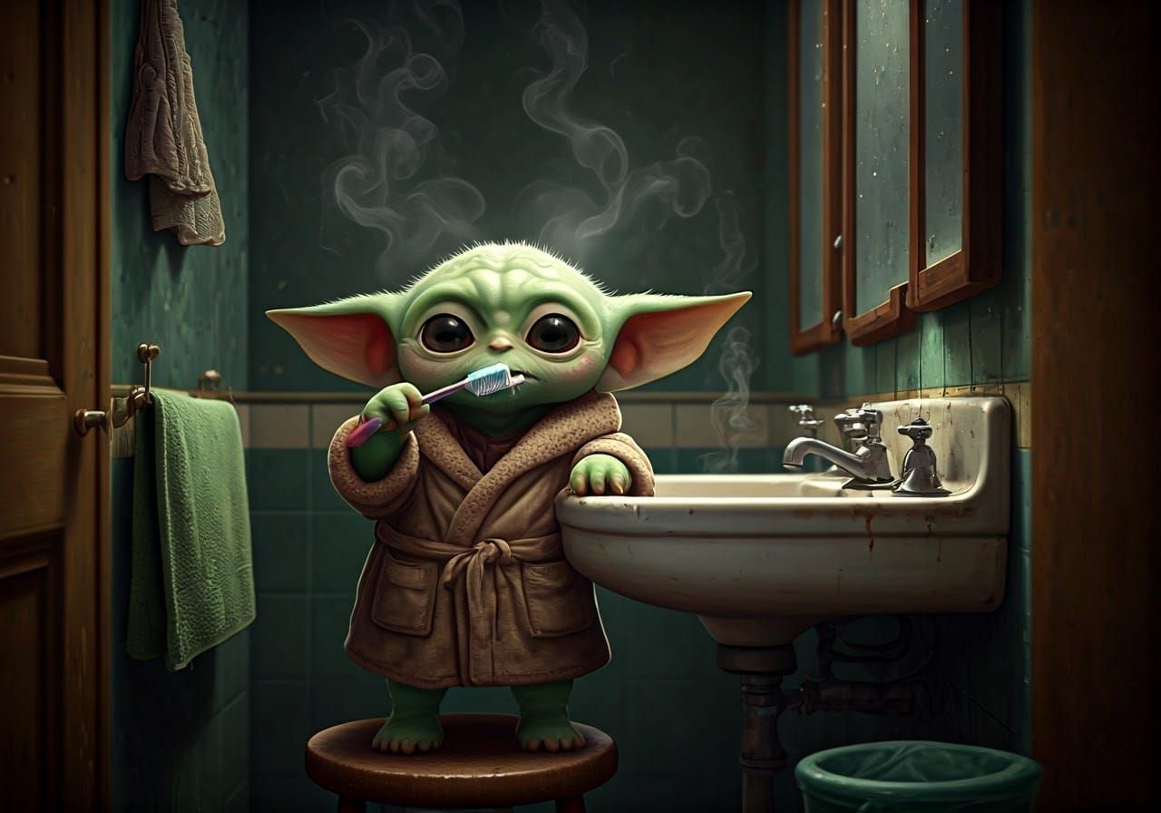 
Grogu brushing his teeth in the bathroom  by @photon