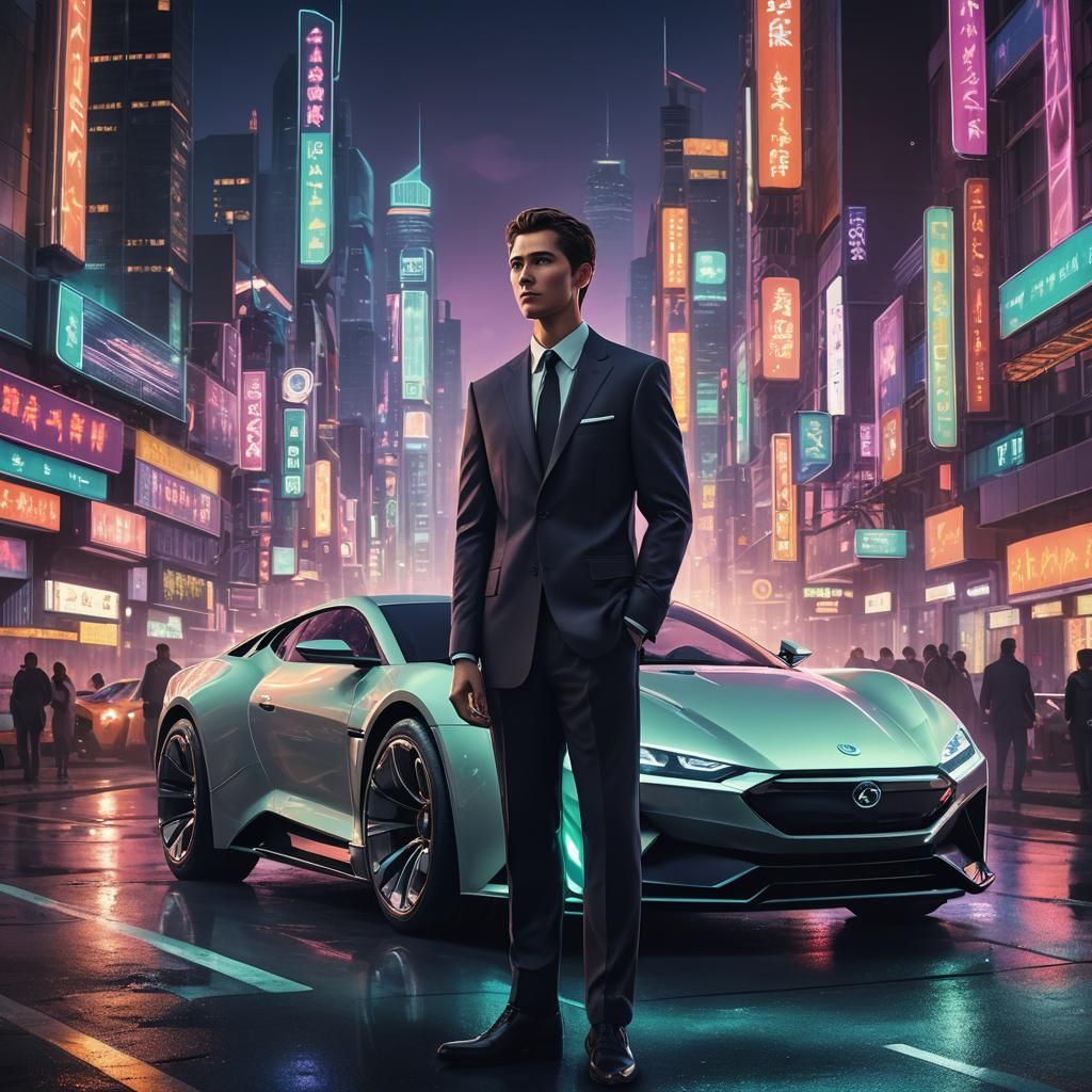"In a futuristic cityscape illuminated by neon lights, a man...