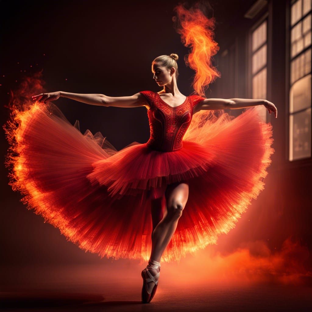 ballerina on pointe in fire like red  tutu