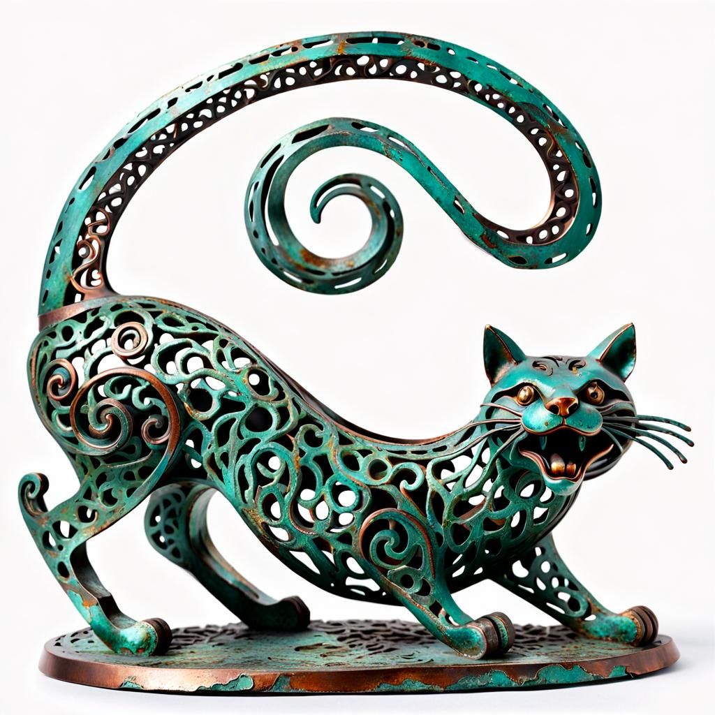 Scared cat made of copper and rusted verdigris colour