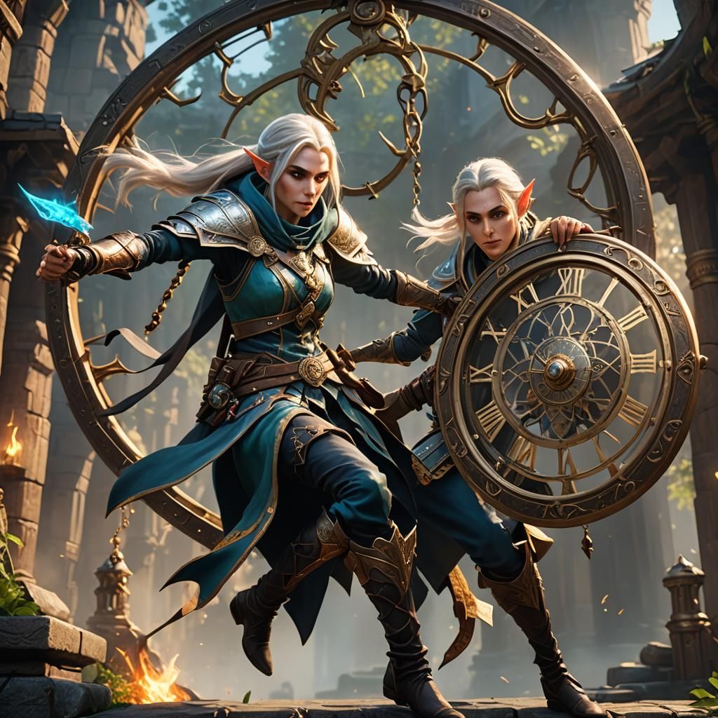 A high elf rogue with an arcane timepiece swinging around th...