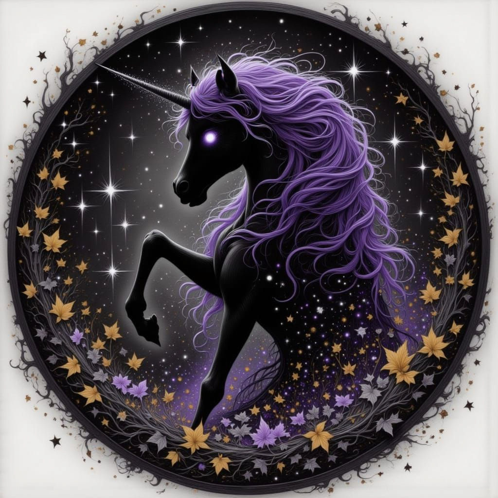<lora:A Circle Unbroken:1.0> a circle unbroken containing a black unicorn with purple mane and tail, and purple eyes, whimsical <lora:Beauti...