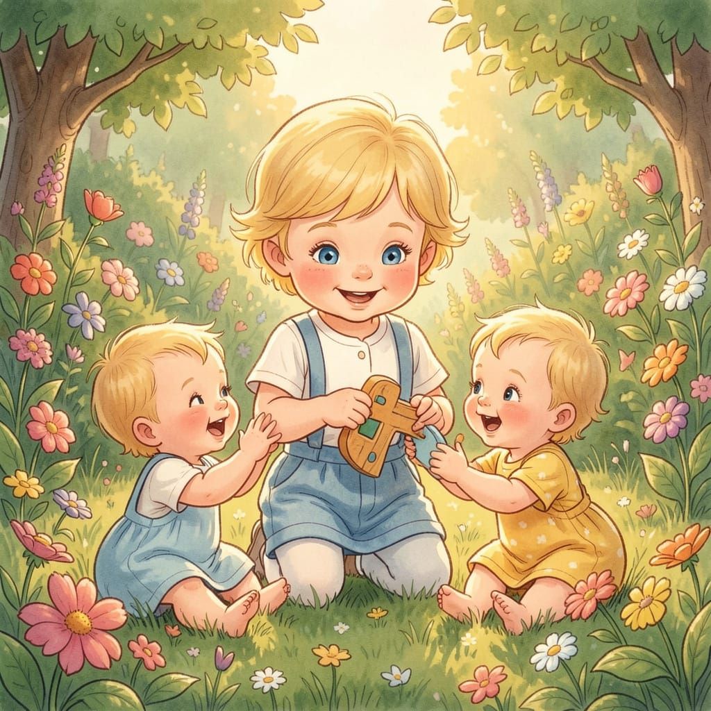 Siblings Play in Sun-Dappled Garden, Storybook Style