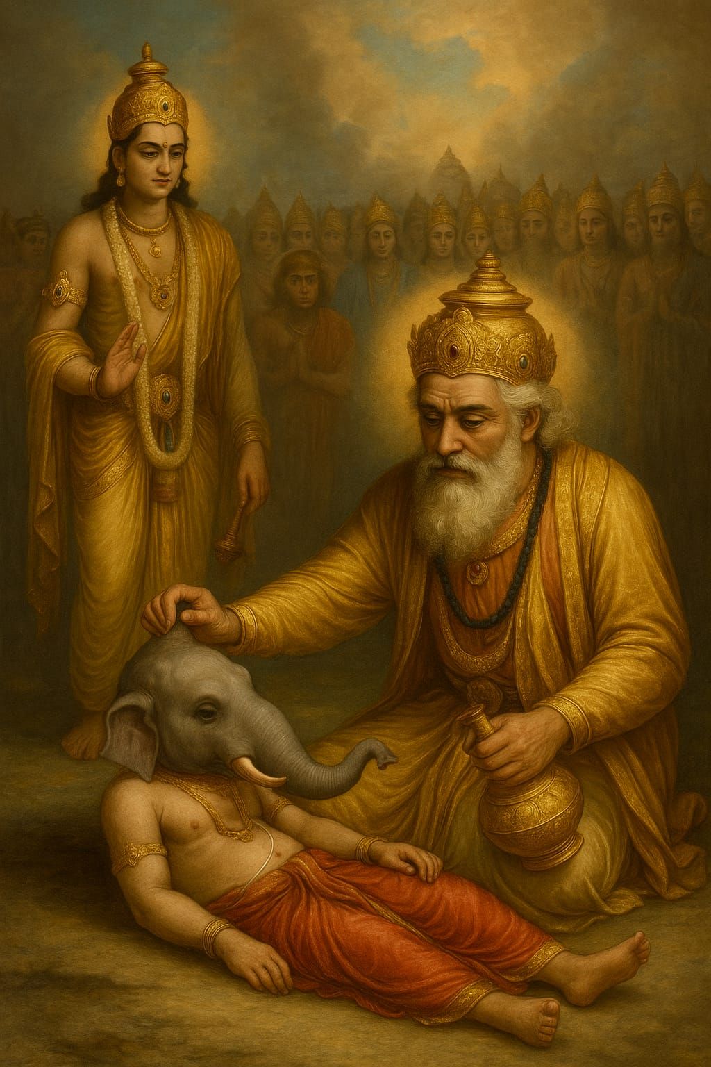 Brahma ji fixing elephant's head on Loed Ganesha